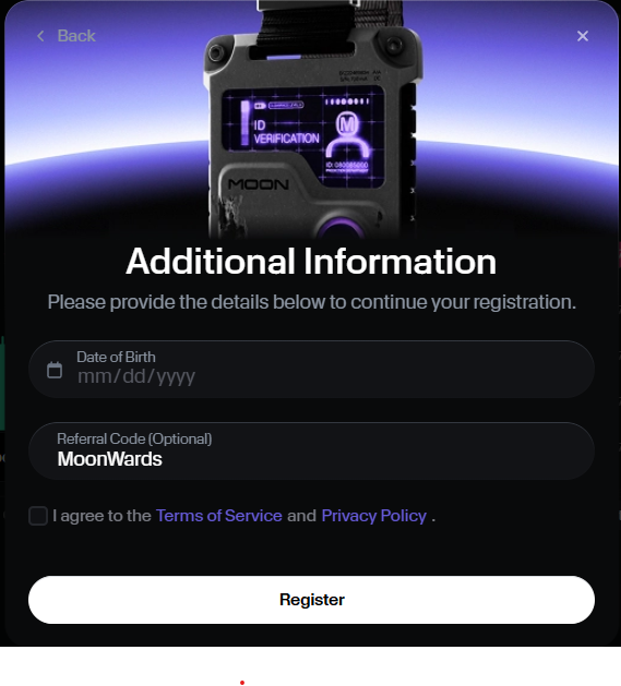 Moon.com registration screen showing the MoonWards referral code field